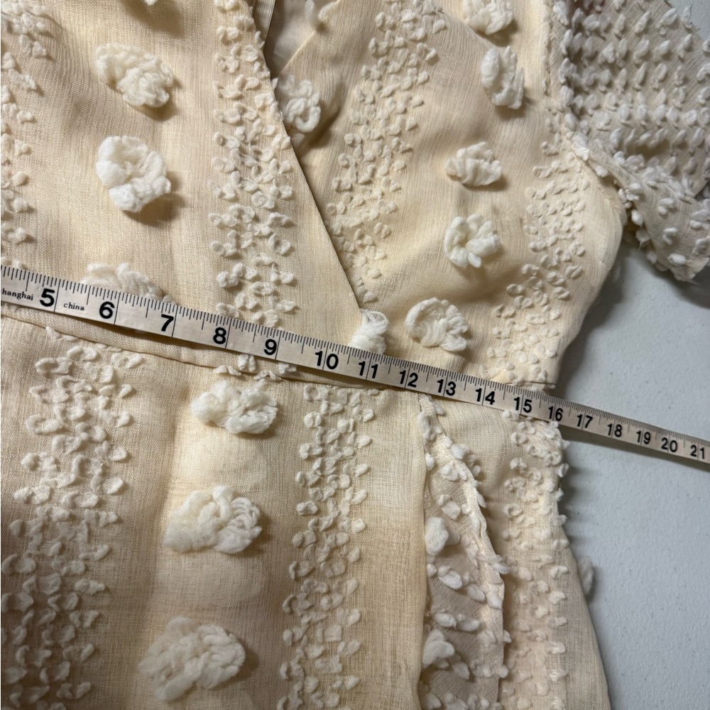 Whimsical Barbie Vibe Cottagecore Cream Textured 3D Pom-Pom Wrap Mini Dress Line - Picture 7 of 8